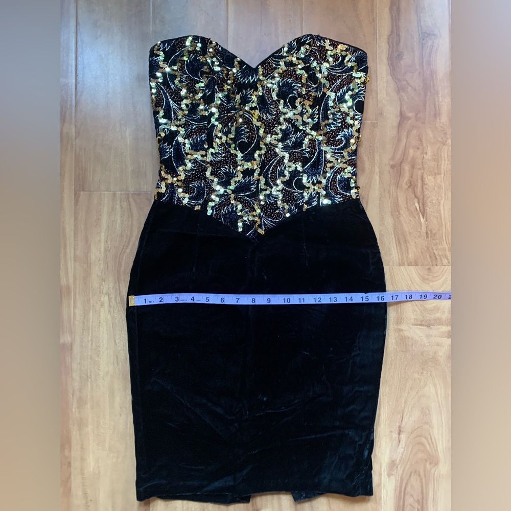 Vintage Black & Gold Jessica McClintock Gunne Sax Strapless Sweetheart MiniDress - Picture 8 of 10
